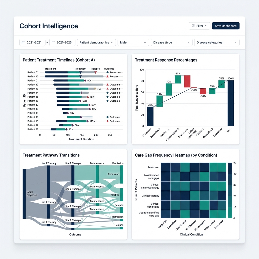 PJViz cohort intelligence view with swimmer plots, waterfall charts, and Sankey flows