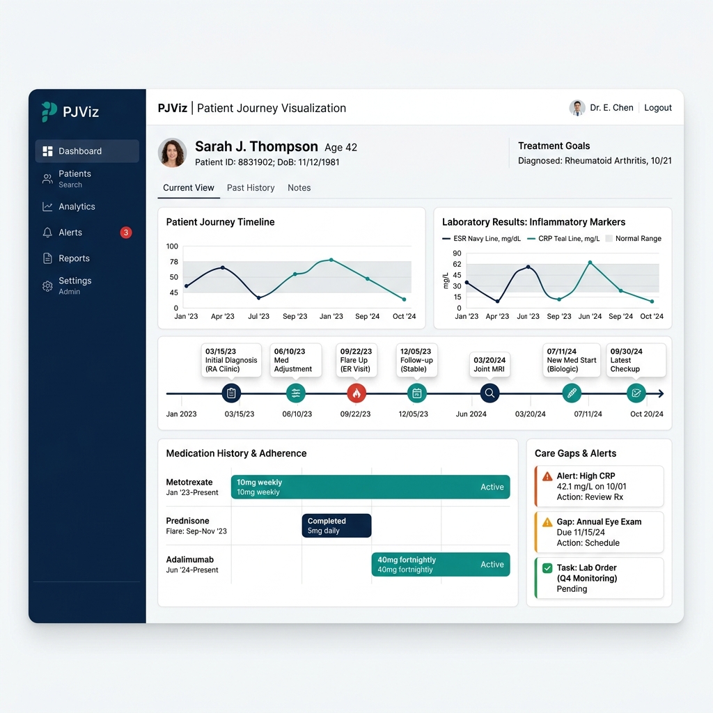 PJViz patient journey individual view with timeline, labs, and medications